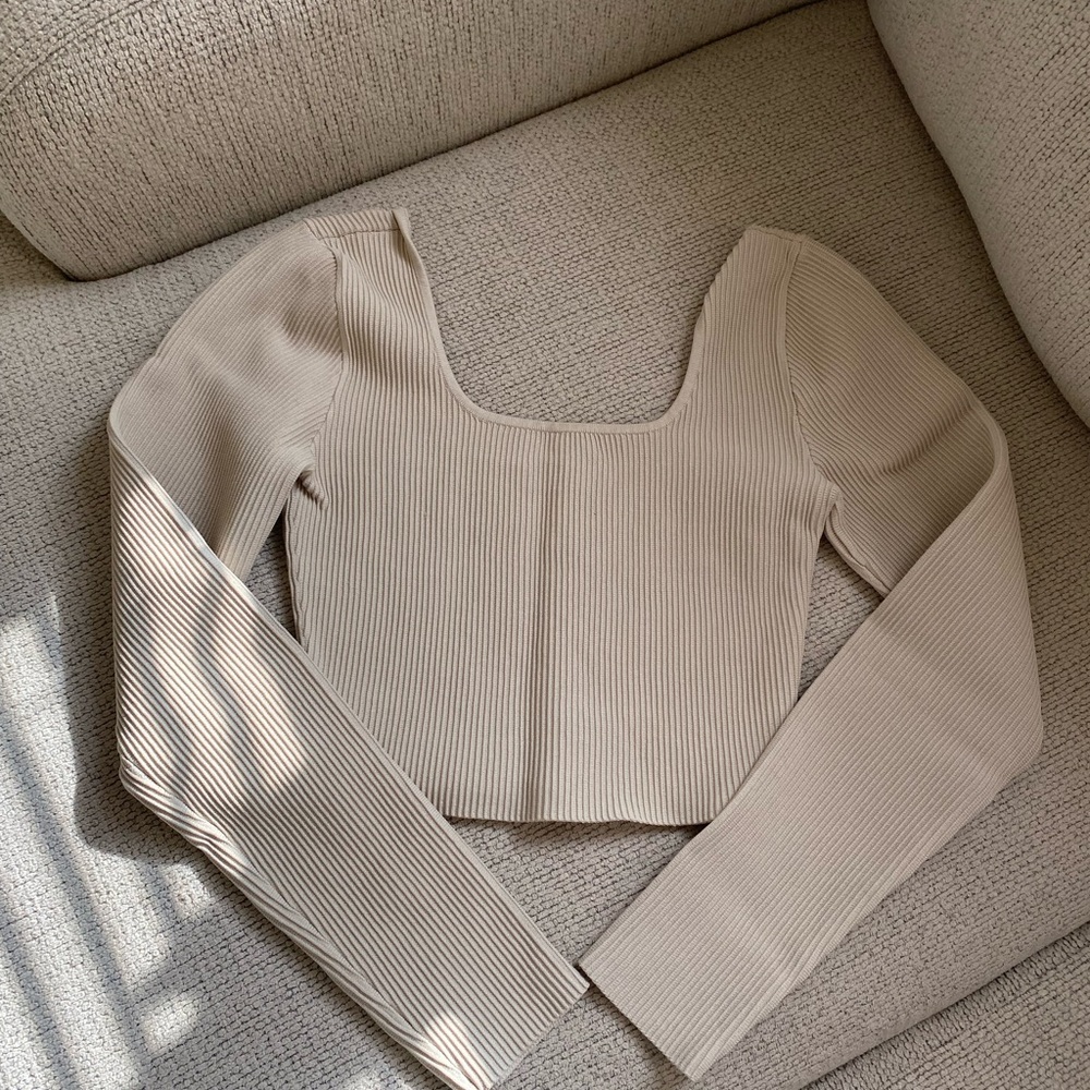 Babaton Cream Cropped Bodysuit with Wide Square Neckline and Long Sleeves